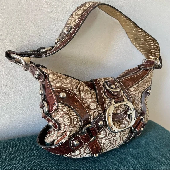 Guess Brown & Tan Shoulder Bag Y2K Linen Handbag - Picture 2 of 15